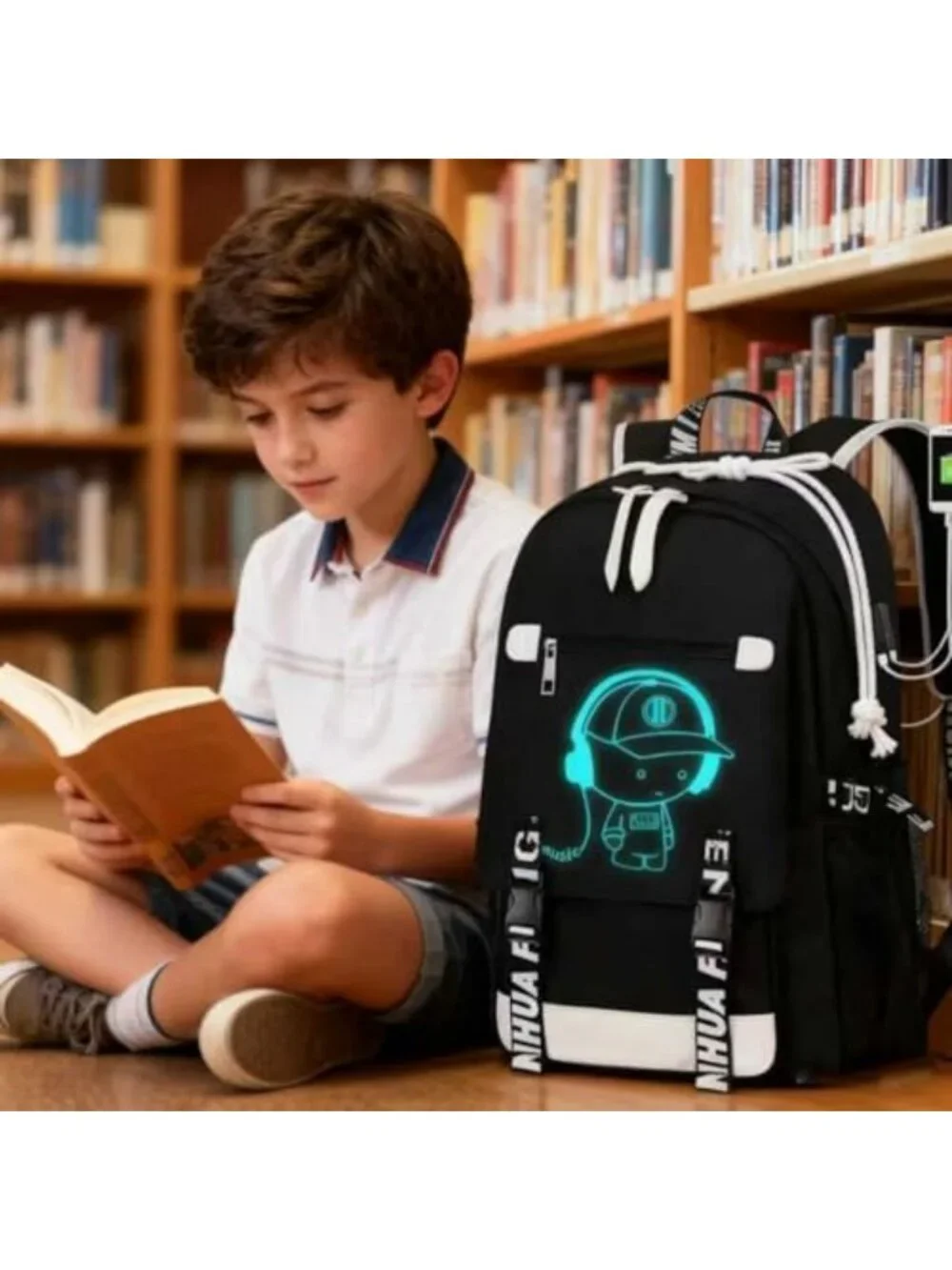 Anime Print School Backpack for Boys & Teens - Large Reflective Daypack with USB